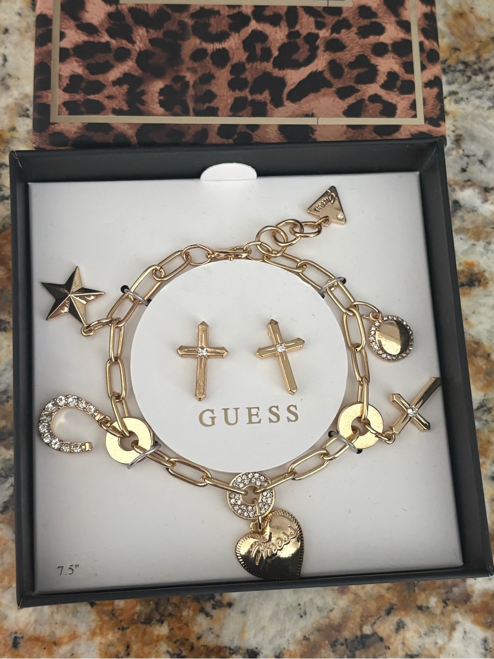 GUESS Gold-Tone Charm Bracelet & Cross Stud Earrings - Gold